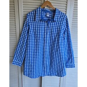 Blair Women's Button Up Blouse Sz 1X  Blue Gingham Check Classic Retro Casual